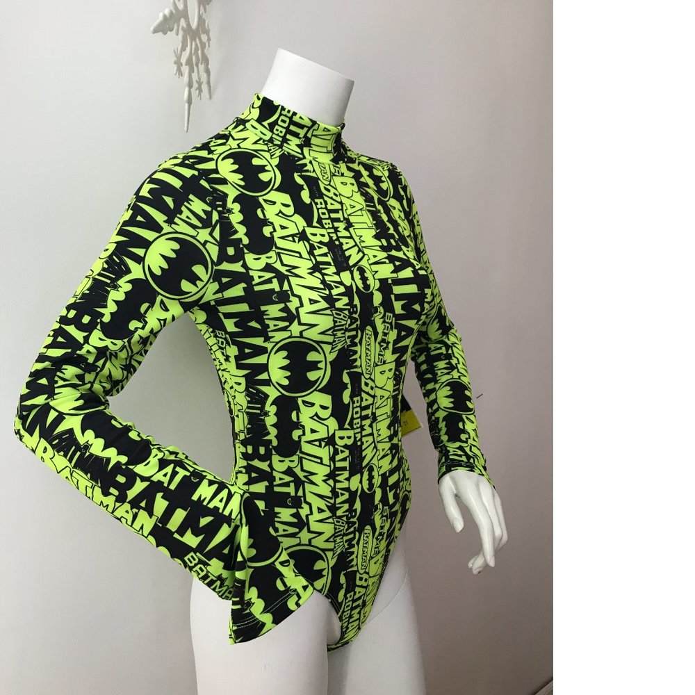 F21 DC Comics trendy lime green neon yellow black bodysuit  Batman Superman NWT